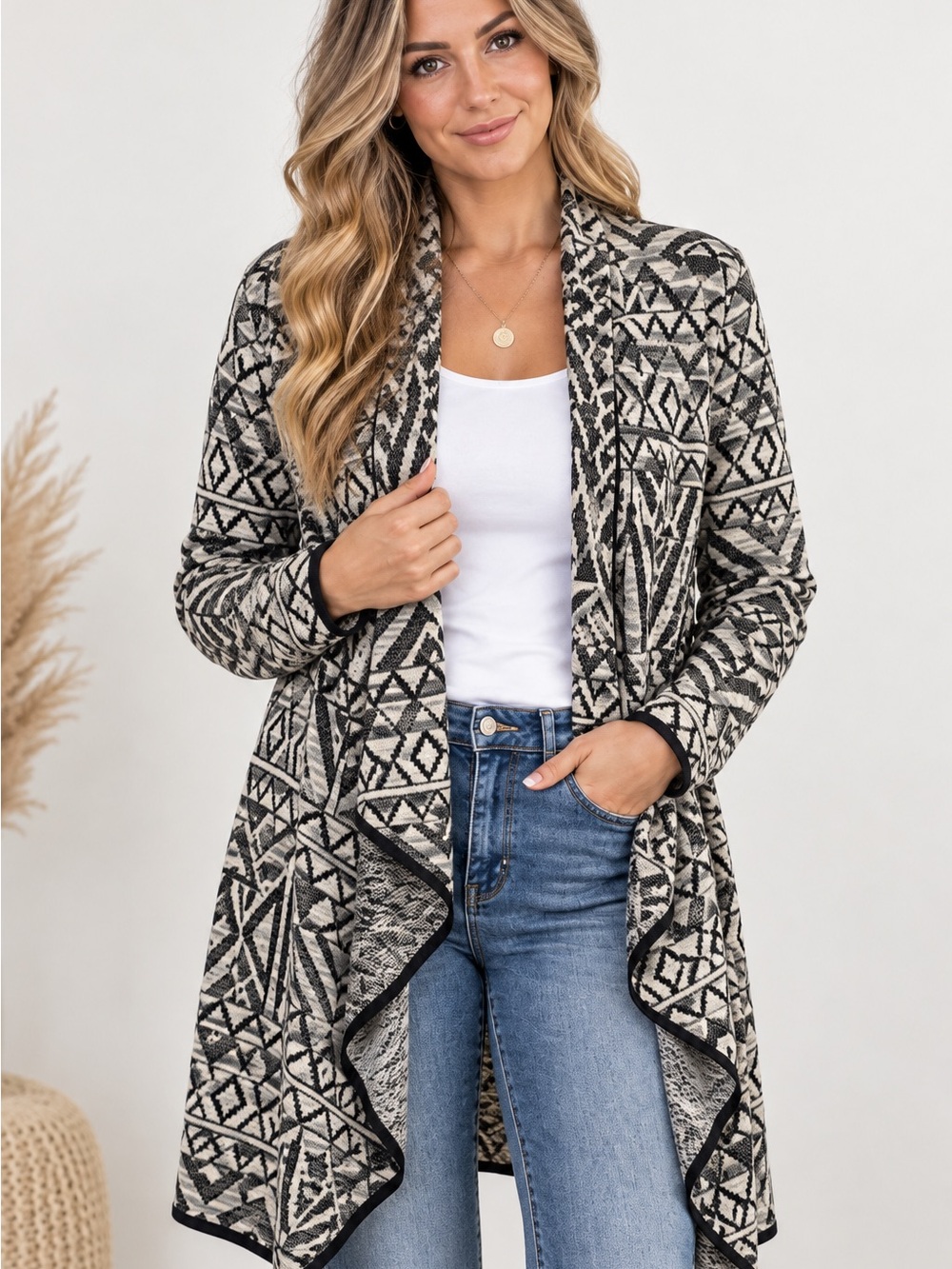 Michael Stars Women's Black & Cream Geometric Open Cardigan Sweater long Large